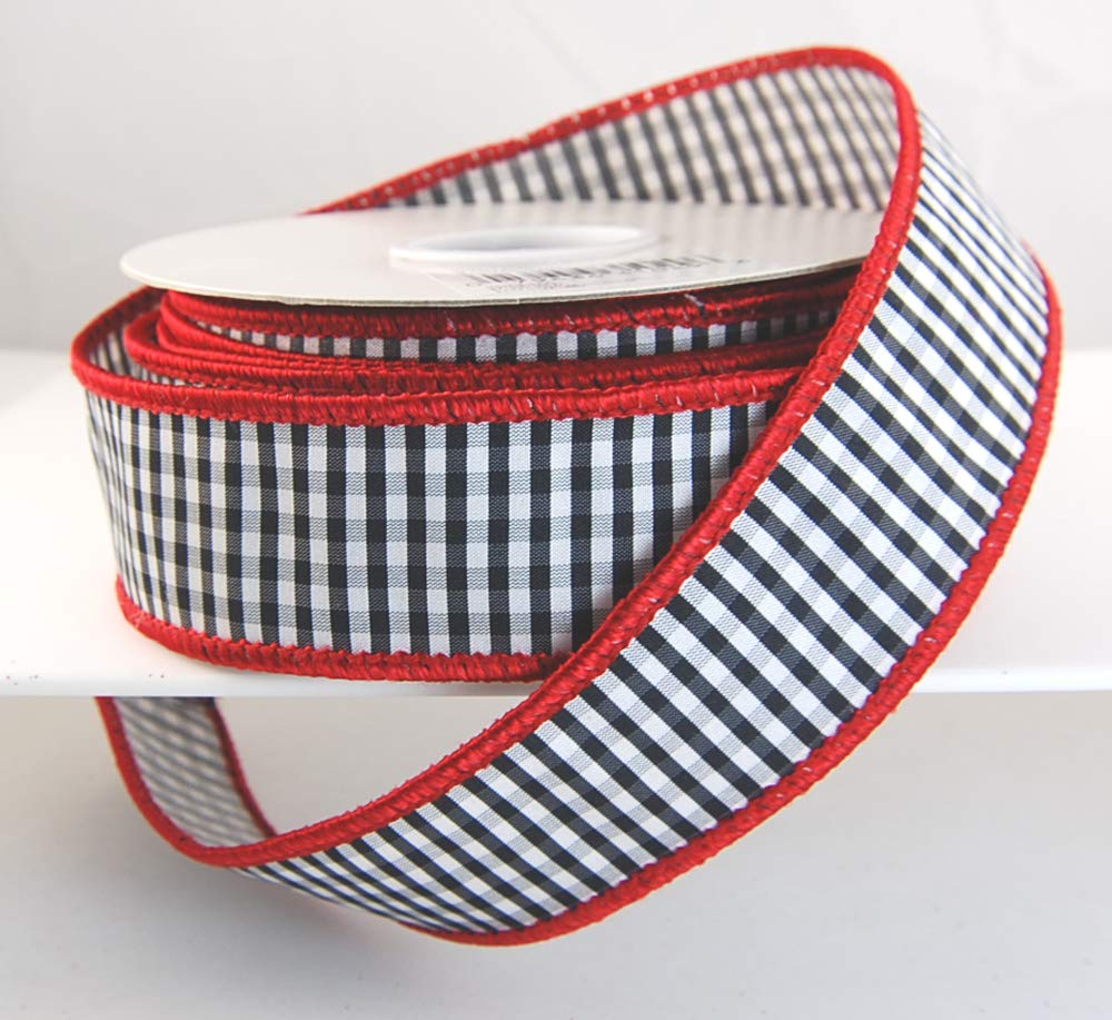 Wire Edged Zinger Black and White Check with Red Edging Christmas Ribbon 1  1/2 10 Yards … 